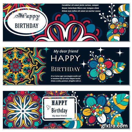 Happy Birthday template and mandala pattern, brochure, gift certificate, party invitation, congratulation