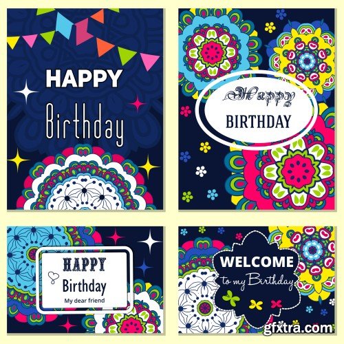 Happy Birthday template and mandala pattern, brochure, gift certificate, party invitation, congratulation