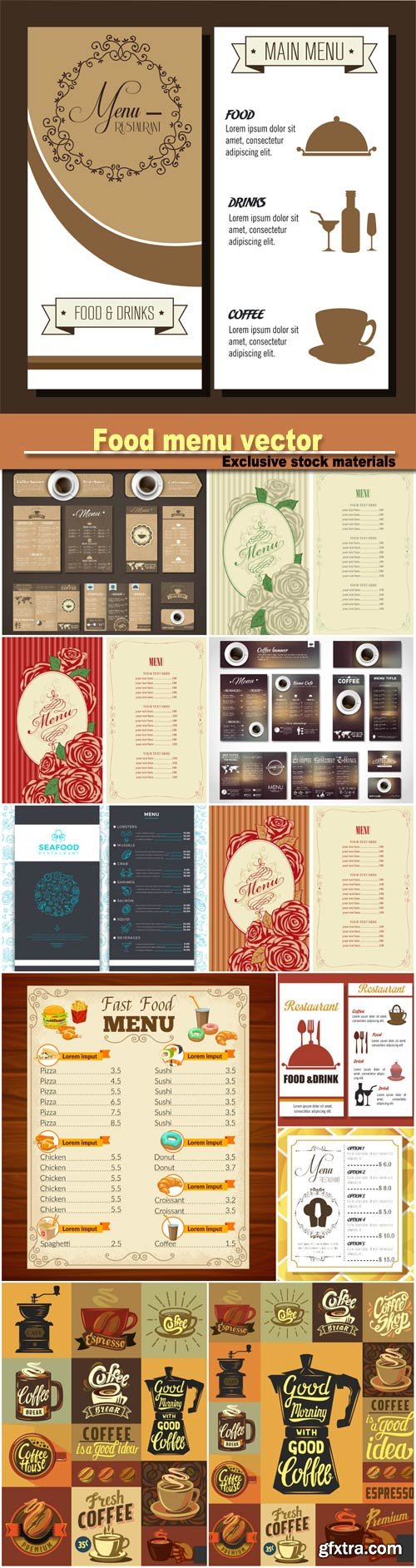 Food menu with decorative frame, set coffee