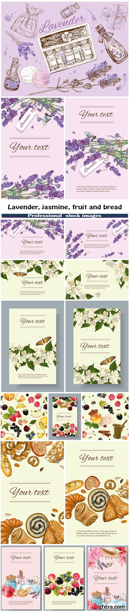 Lavender, jasmine, fruit and bread backgrounds