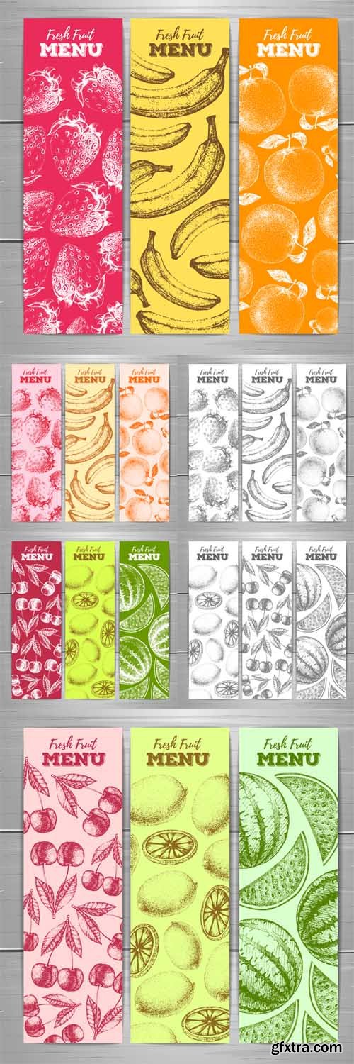 Vector Set - Vegetarian Fresh Fruit Banners. Fruit Sketch Background