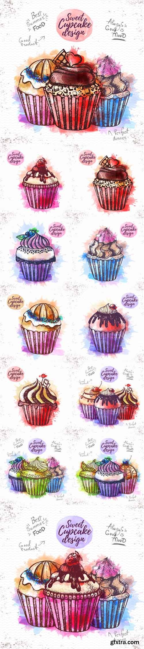 Vector Set - Watercolor Sweet Cupcake Illustarations