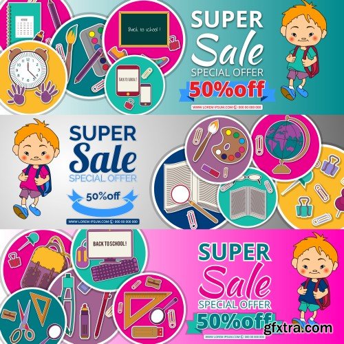 Sale background with school stationery icons, vector advertising banner template