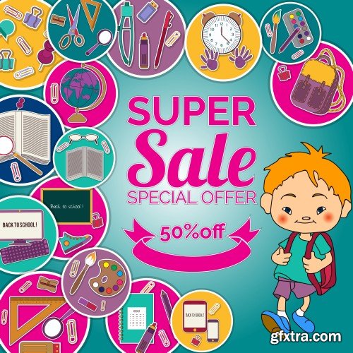 Sale background with school stationery icons, vector advertising banner template
