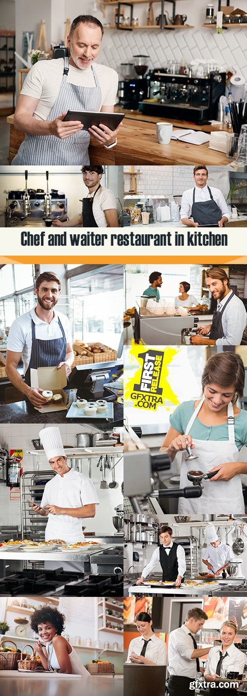 Chef and waiter restaurant in kitchen