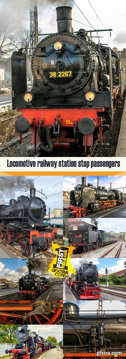 Locomotive railway station stop passengers