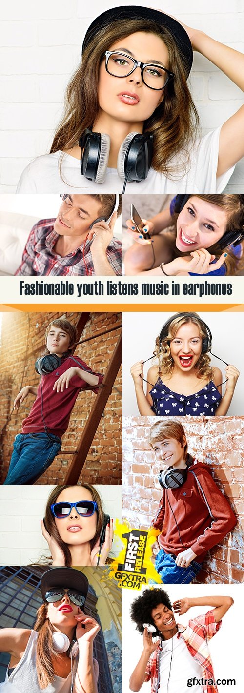 Fashionable youth listens music in earphones