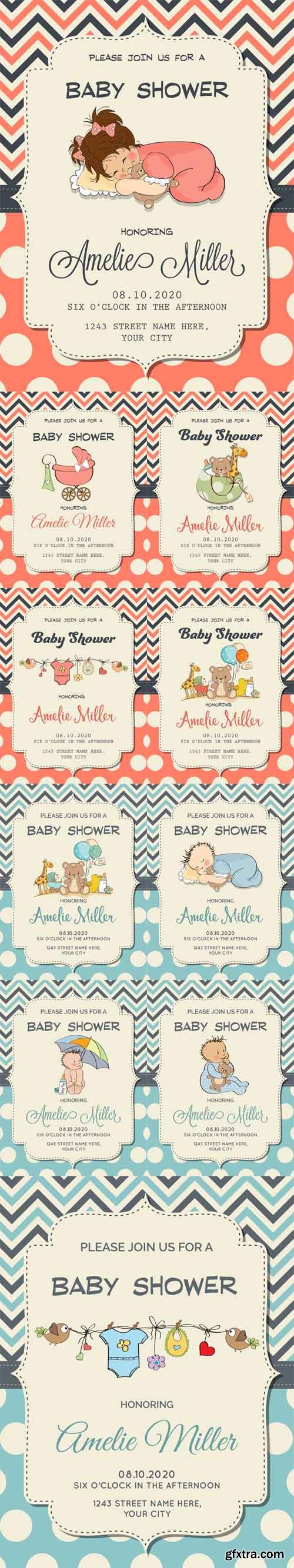 Vector Set - Beautiful Baby Boy and Girl Shower Cards