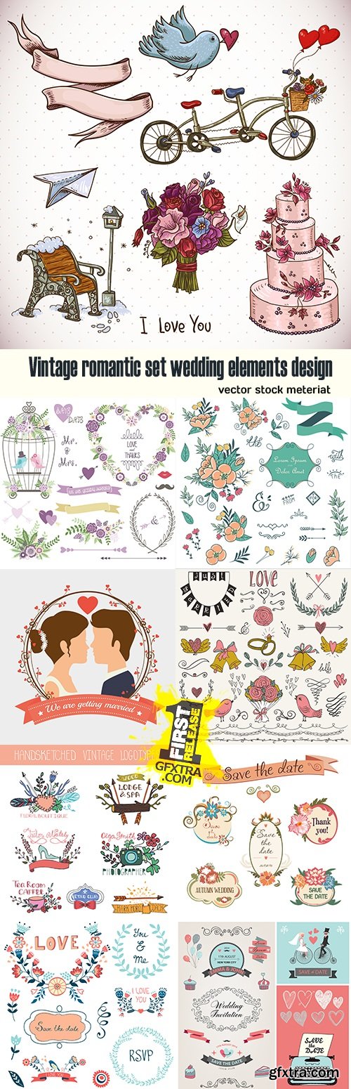 Vintage romantic set wedding elements design