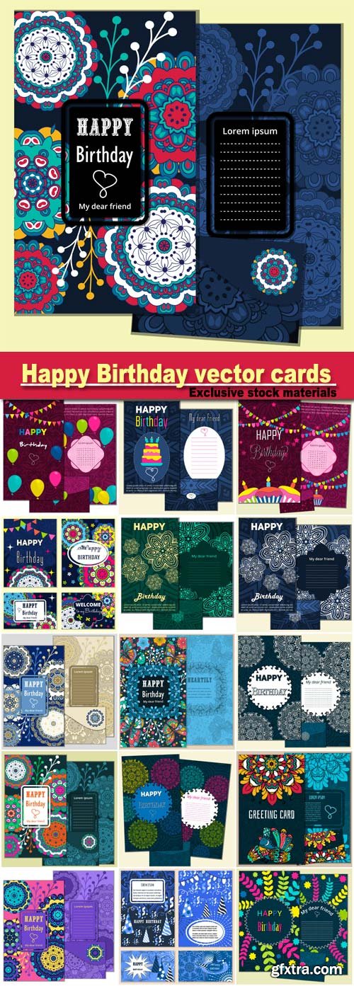 Set Happy Birthday vector cards and envelope. on decorated background