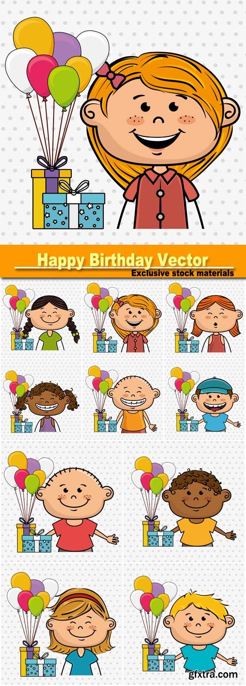 Happy Birthday, girl and boy balloons gifts party vector illustration graphic