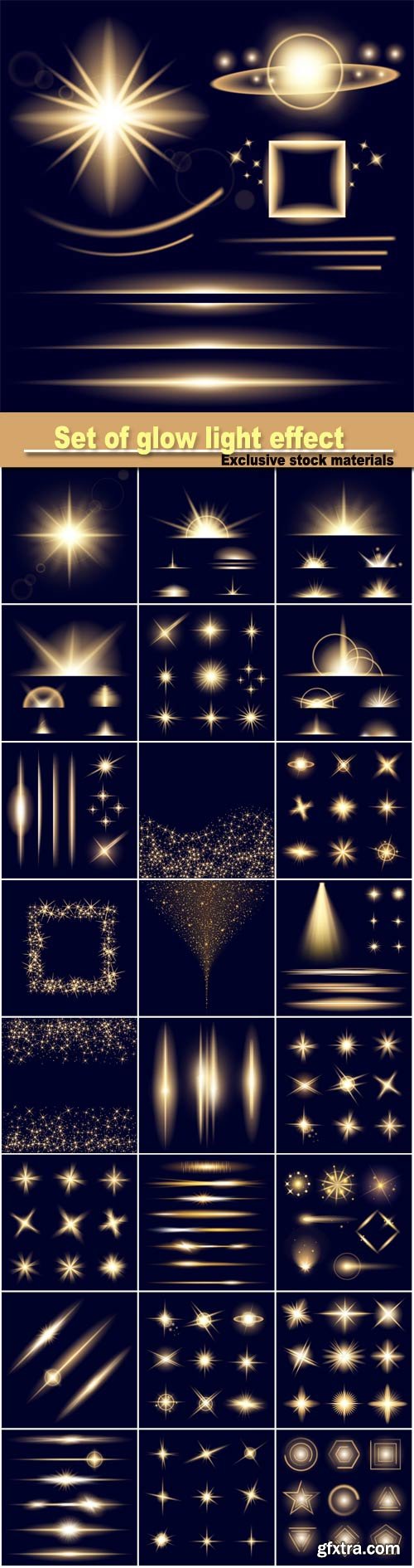 Vector set of glow light effect stars bursts with sparkles isolated on black background