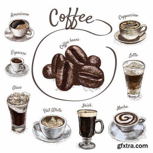 Collection of meat chocolate coffee drink cocktail drawn vector illustration picture 25 EPS