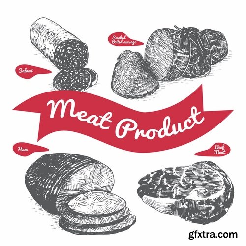 Collection of meat chocolate coffee drink cocktail drawn vector illustration picture 25 EPS