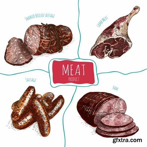 Collection of meat chocolate coffee drink cocktail drawn vector illustration picture 25 EPS