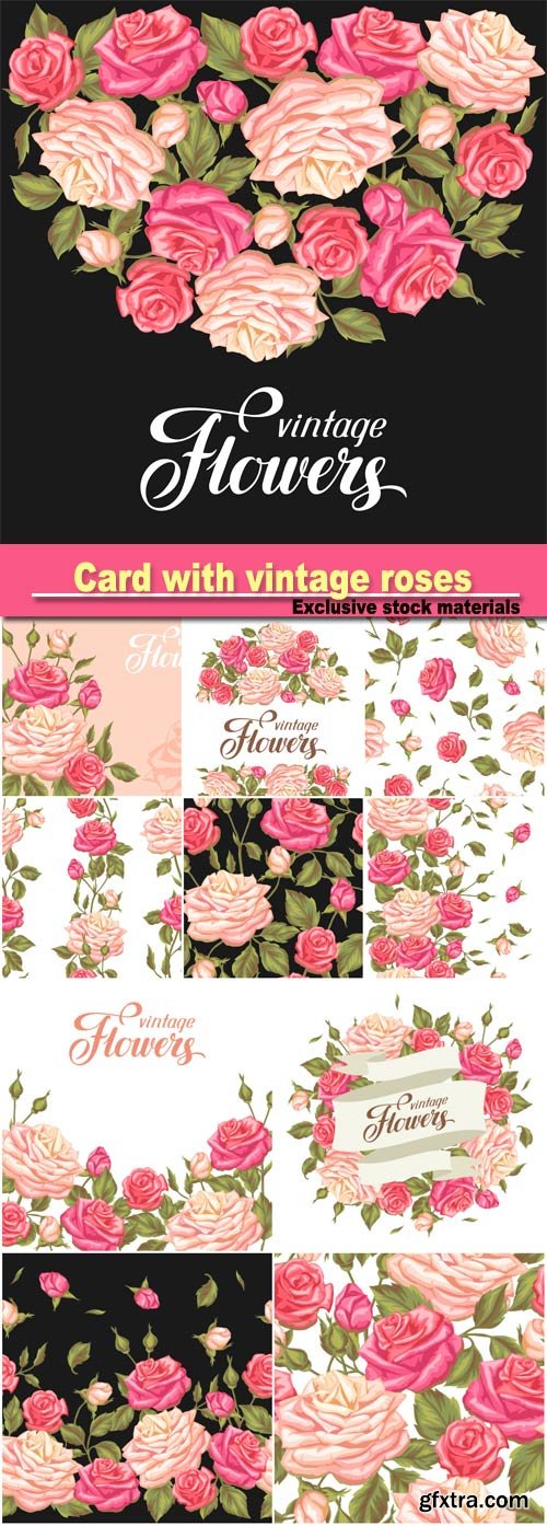 Invitation card with vintage roses, decorative retro flowers, image for wedding invitations, romantic cards