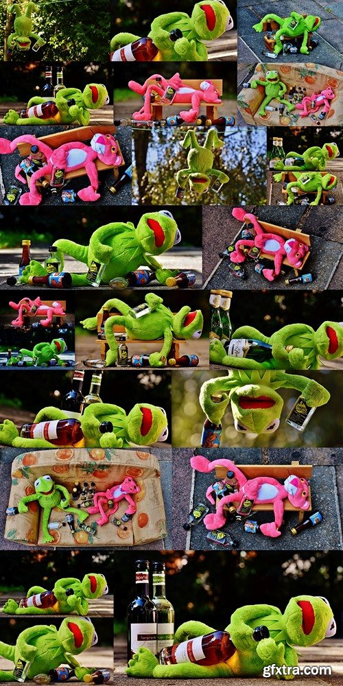 Kermit and Pink Panther are drinking alcohol