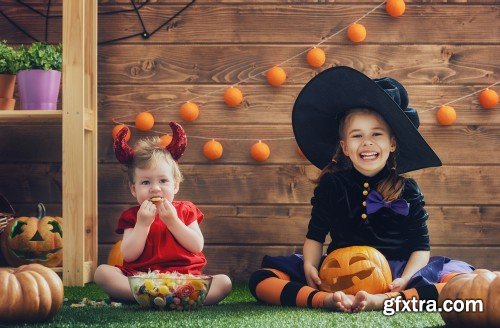 Children and pumpkins on Halloween