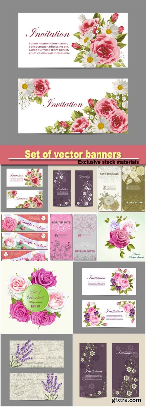 Set of vector banners, beautiful compositions with pink roses and lavender flowers