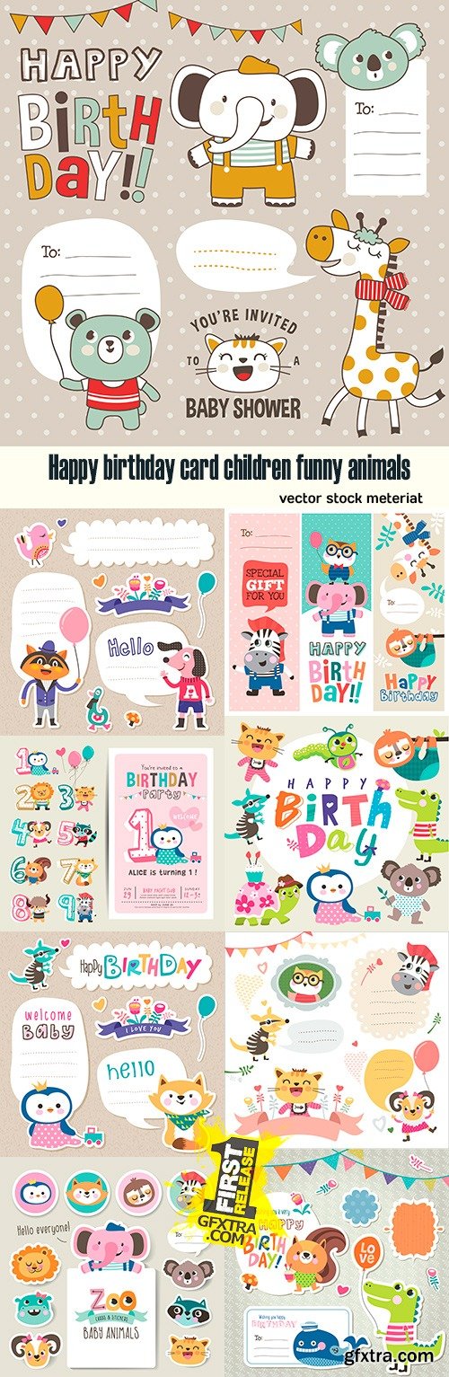 Happy birthday card children funny animals