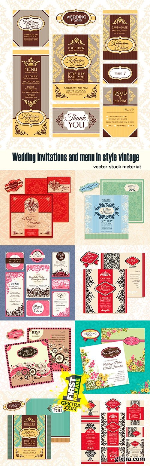 Wedding invitations and menu in style vintage