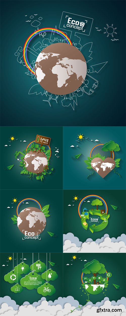 Vector Set - Concept of Green Eco Earth. Paper Art Design