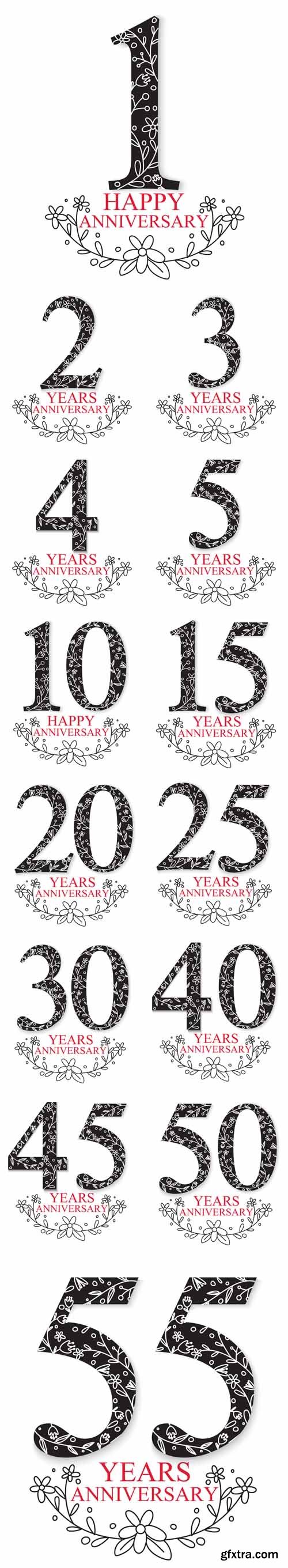 Vector Set - Anniversary Celebration Design with Decorative Floral Elements