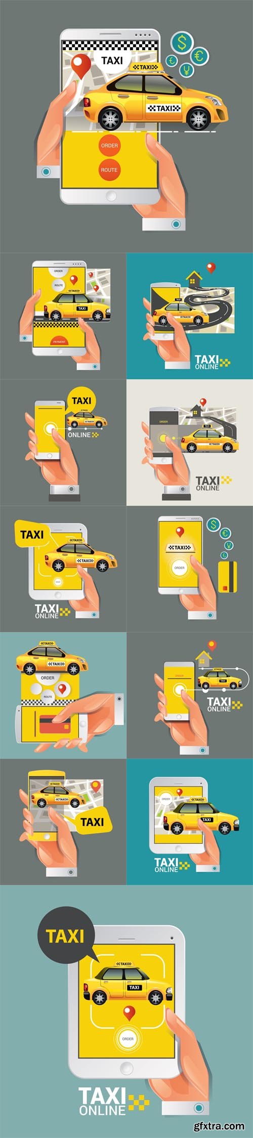 Vector Set - Taxi on line. Taxi sign. Taxi service on smart phone