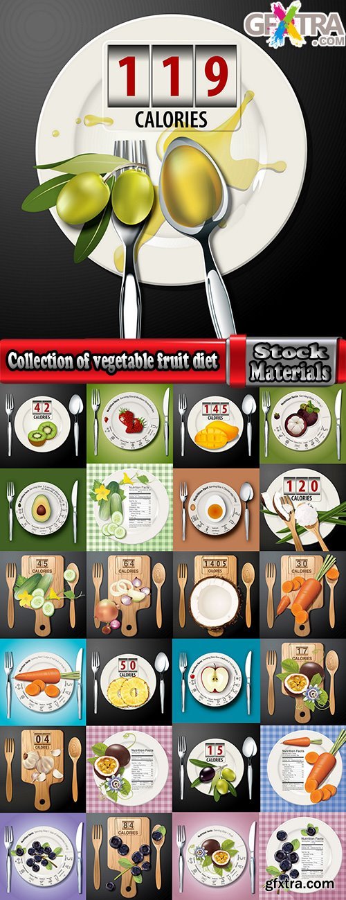 Collection of vegetable fruit diet vitamin vector image 25 EPS