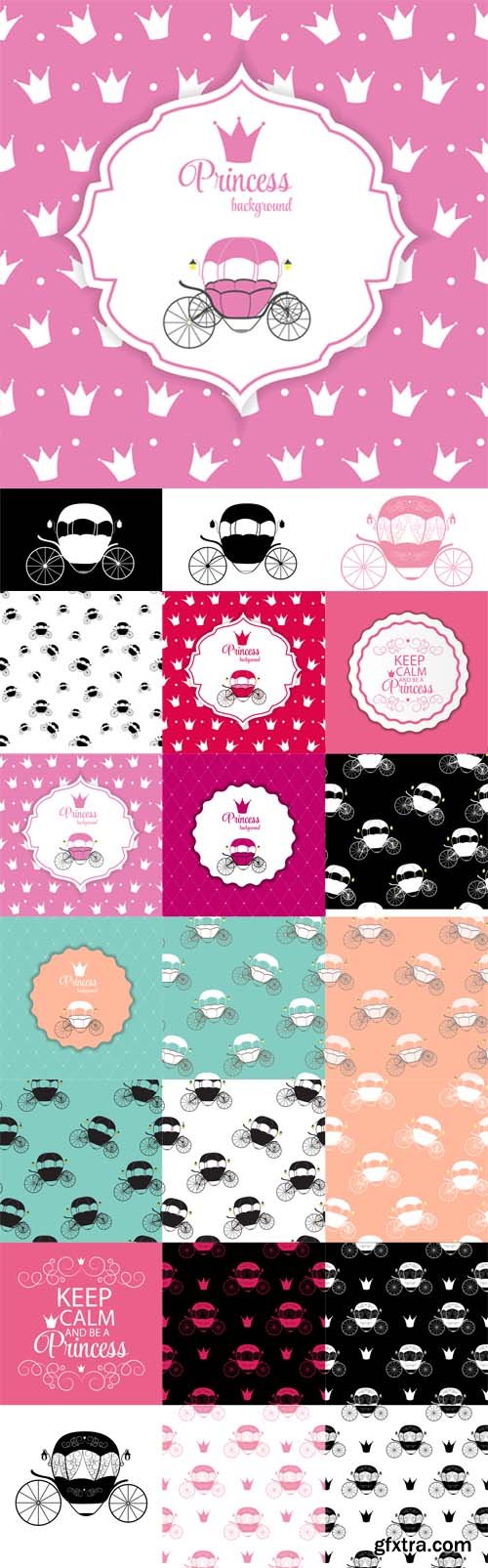 Vector Set - Cinderella Fairytale Carriage and Seamless Patterns