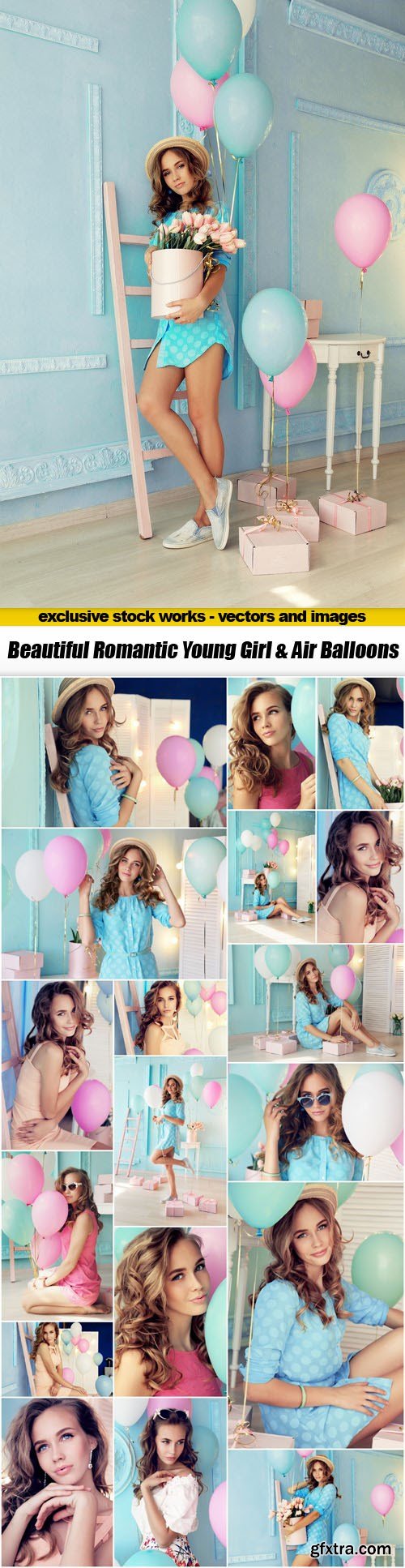 Beautiful Romantic Young Girl & Air Balloons - 19xUHQ JPEG