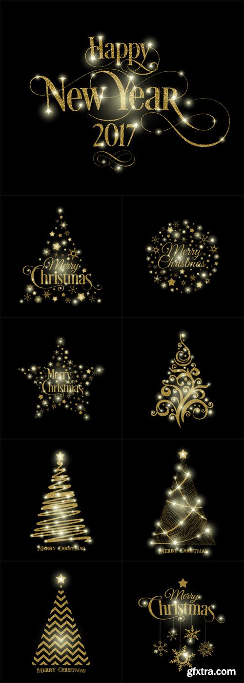 Vector Set - Golden Merry Christmas, Happy New Year and Tree