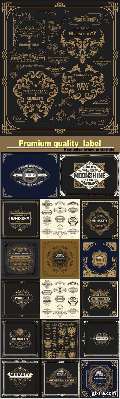 Pack of design elements, page decoration, premium quality and whiskey label with old frames