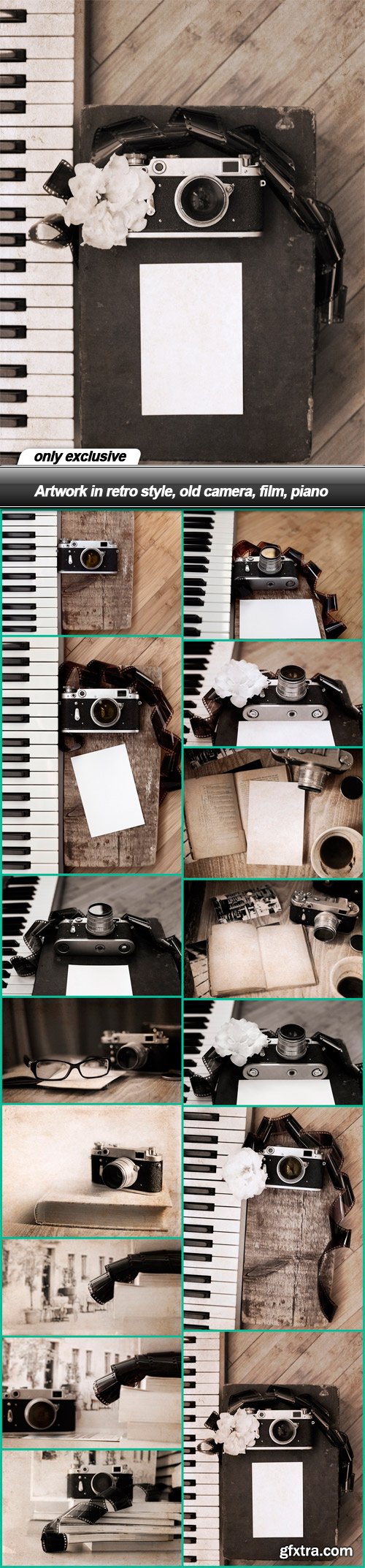 Artwork in retro style, old camera, film, piano - 15 UHQ JPEG