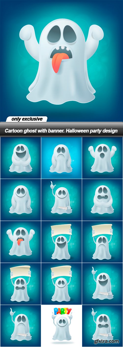 Cartoon ghost with banner. Halloween party design - 15 EPS