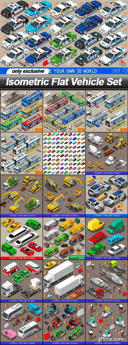 Isometric Flat Vehicle Set - 19 EPS