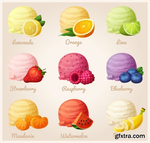 Ice cream scoops with different fruit and berry flavors, lemon, orange, lime, strawberry,raspberry, blueberry, mandarin, watermelon, banana