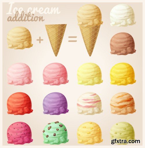 Ice cream scoops with different fruit and berry flavors, lemon, orange, lime, strawberry,raspberry, blueberry, mandarin, watermelon, banana