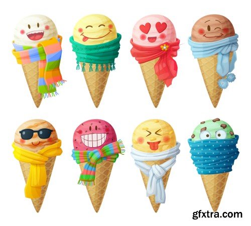 Ice cream scoops with different fruit and berry flavors, lemon, orange, lime, strawberry,raspberry, blueberry, mandarin, watermelon, banana