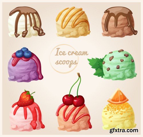 Ice cream scoops with different fruit and berry flavors, lemon, orange, lime, strawberry,raspberry, blueberry, mandarin, watermelon, banana