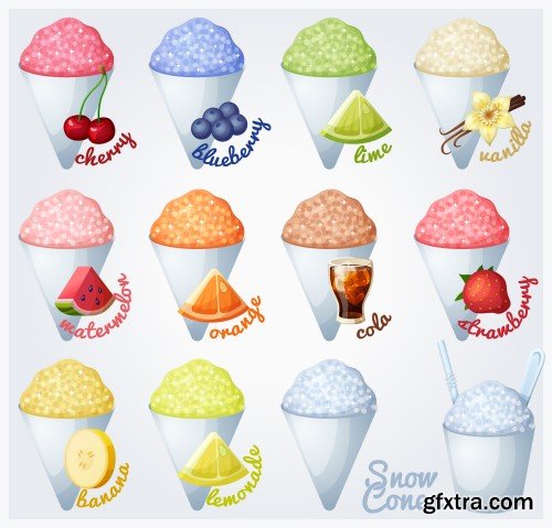 Ice cream scoops with different fruit and berry flavors, lemon, orange, lime, strawberry,raspberry, blueberry, mandarin, watermelon, banana