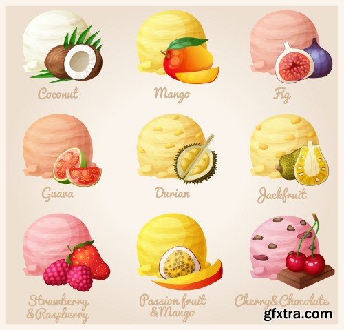 Ice cream scoops with different fruit and berry flavors, lemon, orange, lime, strawberry,raspberry, blueberry, mandarin, watermelon, banana