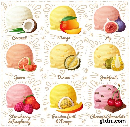 Ice cream scoops with different fruit and berry flavors, lemon, orange, lime, strawberry,raspberry, blueberry, mandarin, watermelon, banana