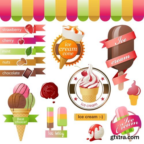 Ice cream scoops with different fruit and berry flavors, lemon, orange, lime, strawberry,raspberry, blueberry, mandarin, watermelon, banana