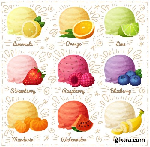 Ice cream scoops with different fruit and berry flavors, lemon, orange, lime, strawberry,raspberry, blueberry, mandarin, watermelon, banana