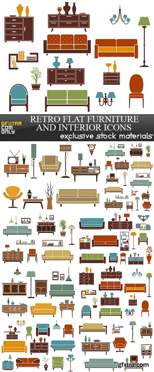 Retro flat furniture and interior icons, 8 x EPS