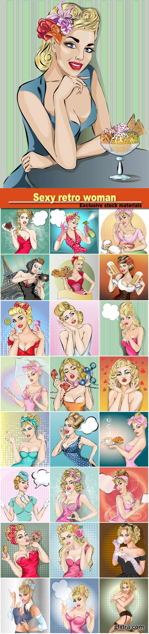 Sexy retro woman, pop art hand drawn vector illustration background