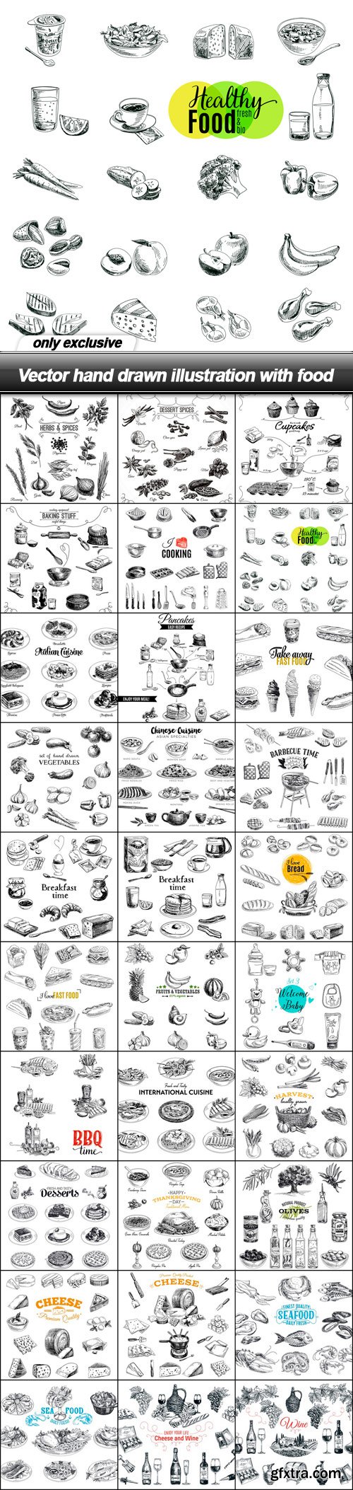 Vector hand drawn illustration with food - 30 EPS