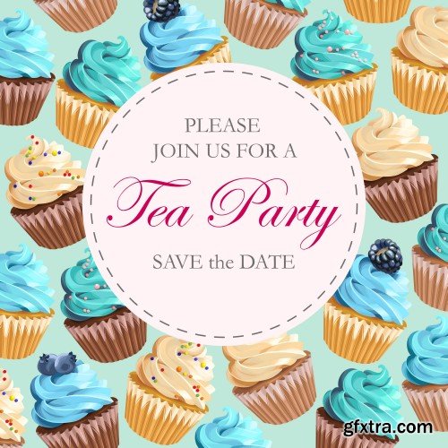 Vector invitation to tea party with sweets