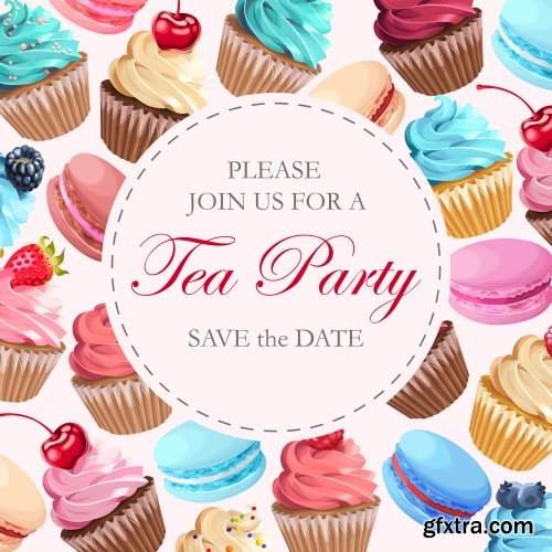 Vector invitation to tea party with sweets